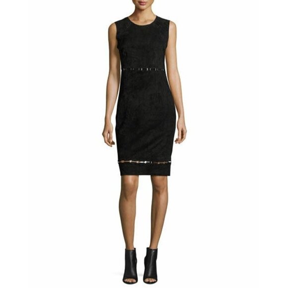 Elie Tahari Sz 2 Black Genuine Suede Leather Sheath Pencil Dress Stretch - Picture 1 of 7